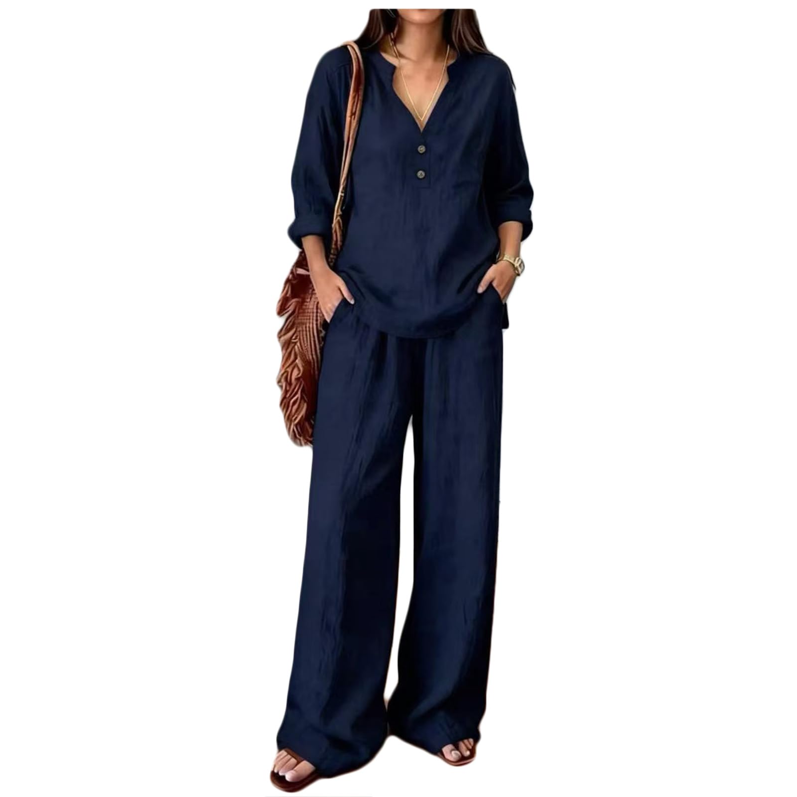 Completo Donna Lino Due Pezzi Elastico In Vita Mezza Manica Set di Due Pezzi Tuta Tinta Unita Blusa Pantaloni Gamba Larga con Tasche Completi Comodo Morbido Camicia Scollo a V Eleganti Taglie Forti