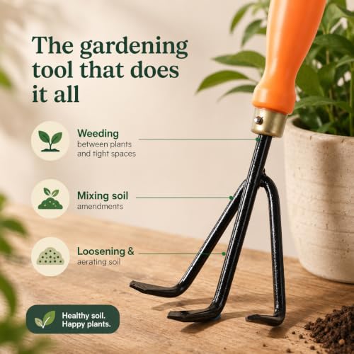 Image of Gardening Hand Cultivator Fork | Heavy Duty Iron 3-Prong Claw with Ergonomic Handle | Durable Tool for Soil Loosening, Weeding, Aerating, Planting & Garden Maintenance(GTK)