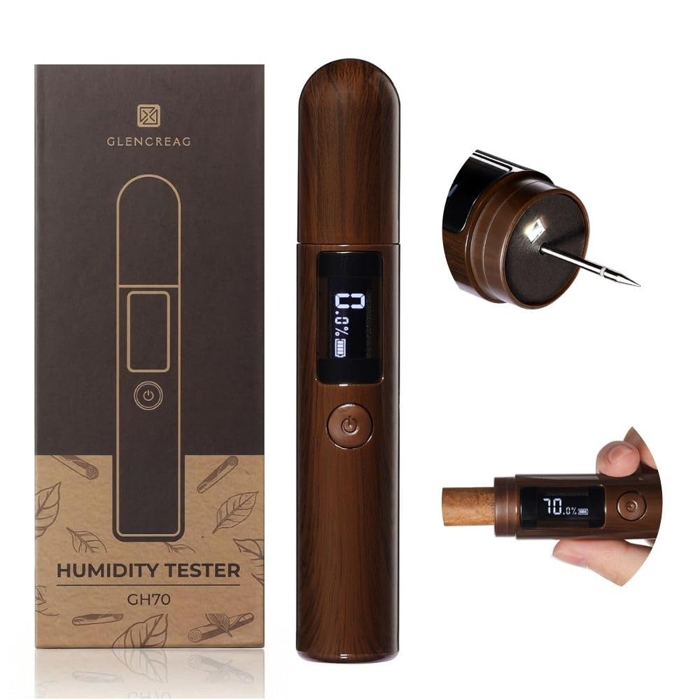 GLENCREAG Classic Style Humidity Tester for Storage Boxes | Igrometro Ricaricabile con Sonda e LED, Misura Umidità per Humidor, Regalo