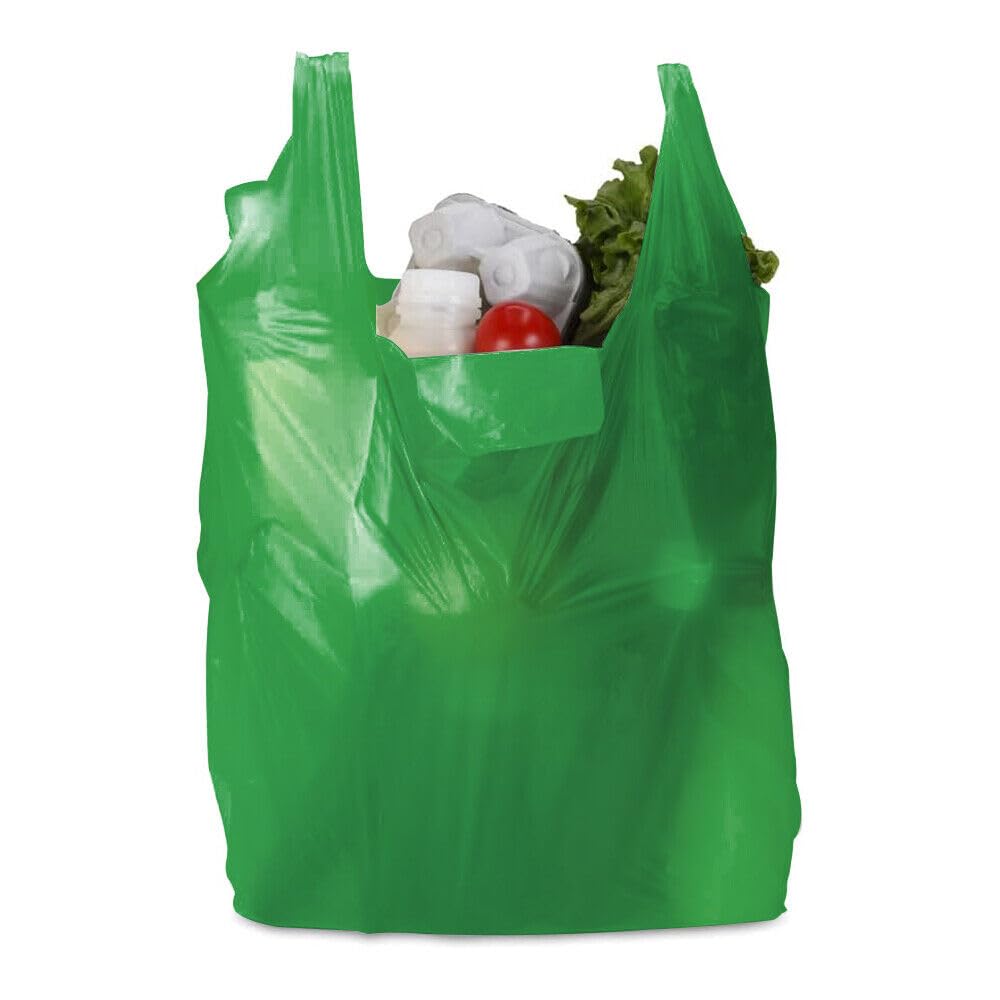Tezraftaar® 500 x Vest Carrier Bags 11" x 17" x 21" Green Heavy Duty Carry Bags for Groceries Vegetables Fruits Storage Supermarket Stalls Takeaway