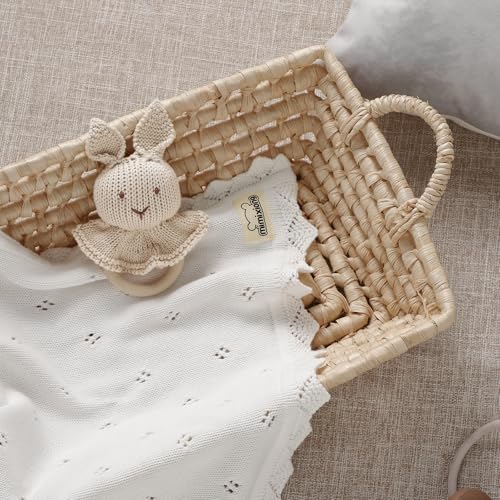 Image of mimixiong Cotton Baby Blanket Knitted Crochet Receiving Crib | Nursery Swaddling Blankets for Newborn Baby Boy Girl with the Bunny Rattle Snow white