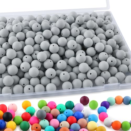 Sunrony 170Pcs 15mm Silicone Beads for Keychain Making, Round Silicone Beads for Pens and Necklace Bracelet Crafts Making(Light Gray)
