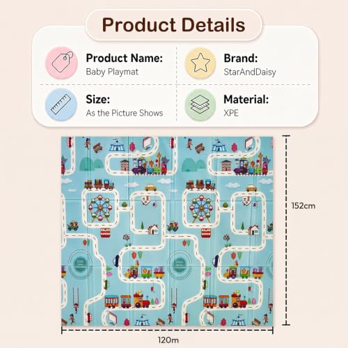 Image of StarAndDaisy Foldable Baby Play Mat 5 x 4 ft, 6MM Thick XPE Foam Playmat, Reversible 2-in-1 Design, Lightweight Cushioned Floor Mat for Crawling, Playing & Learning