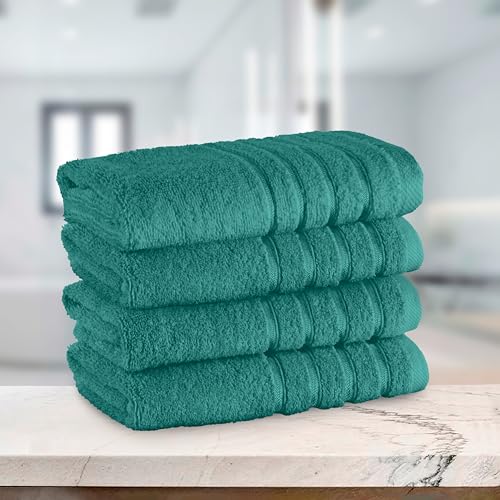 Image of Elegant Comfort 100% Turkish Cotton 4 Lines Viscose Stripe Luxury 4 Pack Hand Towel Set - Ultra Absorbent and Soft 16 x 28 Inch Premium Hotel Spa Quality Towels for Everyday Bath Use, Turquoise