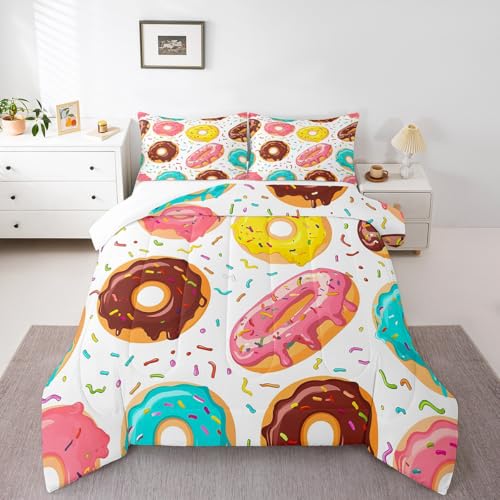 Image of Feelyou Girly Cute Comforter Set Sweet Donuts Bedding Set for Kids Boys Girls Chocolate Doughnut Cream Comforter Cute Whimsical Dessert Decor Quilt Set with 1 Pillowcase 2Pcs Bedding Twin