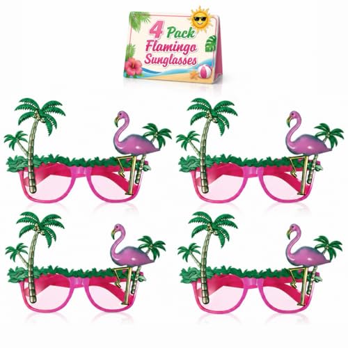 NUOBESTY 4Pcs Flamingo Sunglasses Coconut Tree Eyewear Hawaiian Party Sunglasses Pink Tropical Flamingo Party Favors Summer Costume Fun for Luau Beach Parties & Photo Booth Props