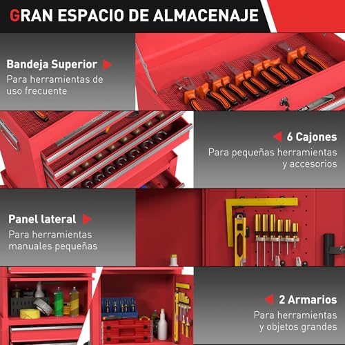 Miniatura 4 de Homcom Carro De Herramientas Con 6 Cajones Y Cerraduras, 3 En 1, Carro De Taller Móvil Con Ruedas Y Panel Lateral Perforado, Caja De Herramientas Desmontable De Acero, Para Taller, Garaje, Rojo