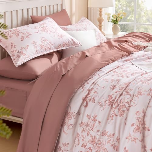 Image of Andency Floral Comforter Full Set, 7 Pieces Pink Rose Flower Bedding Set