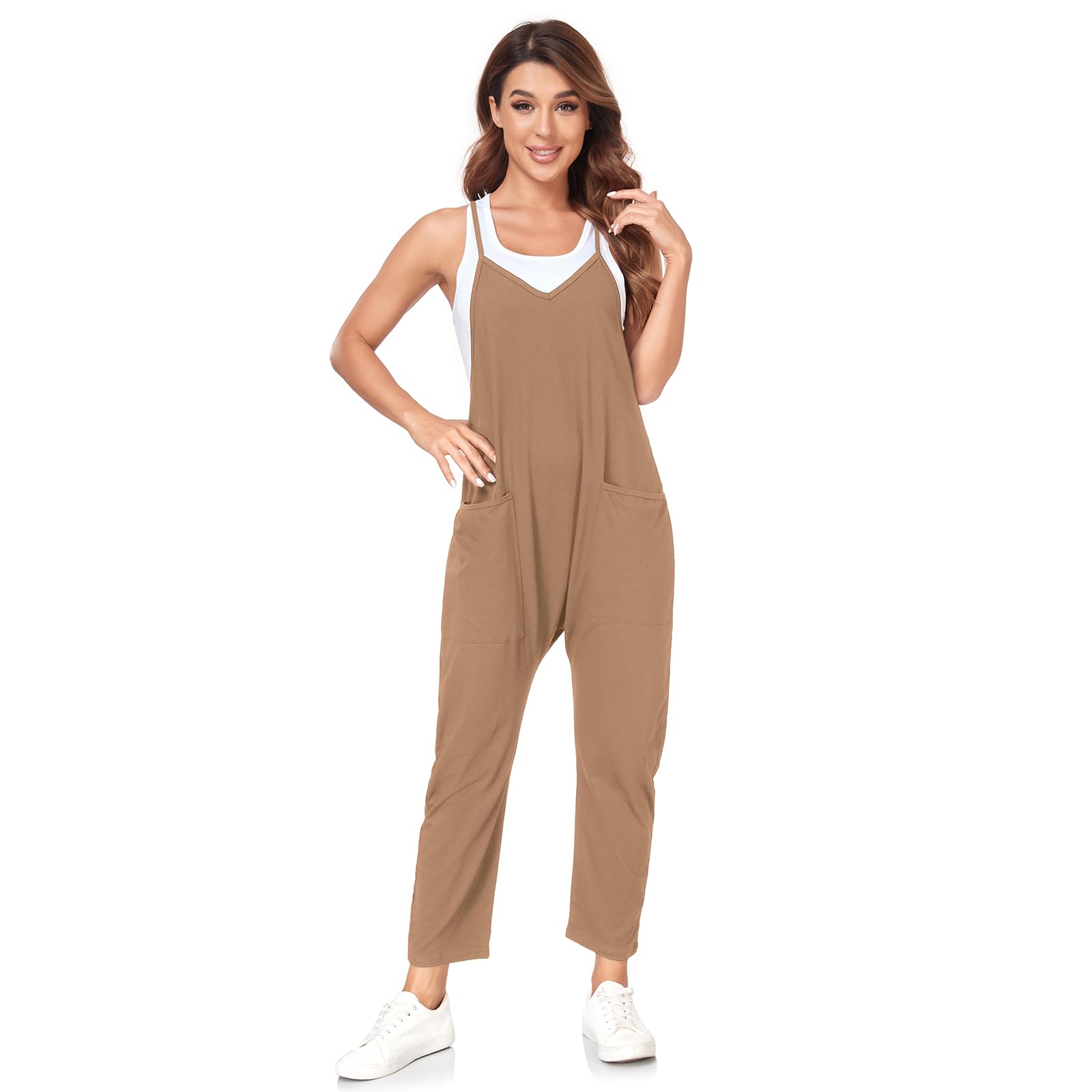 VUTRU Stylischer Damen Sommer Overall – Ärmelloser Jumpsuit mit lockerer Passform,V-Ausschnitt,trendy Spaghetti-Träger und praktischen Taschen für einen bequemen und modischen Look