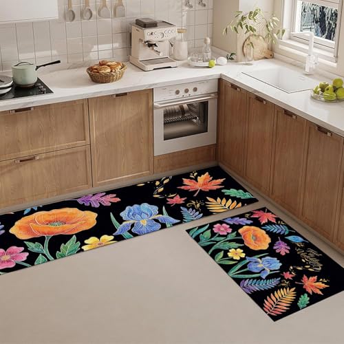 Tapis de cuisine lot de 2 fleurs dessinées à la main noir - 2