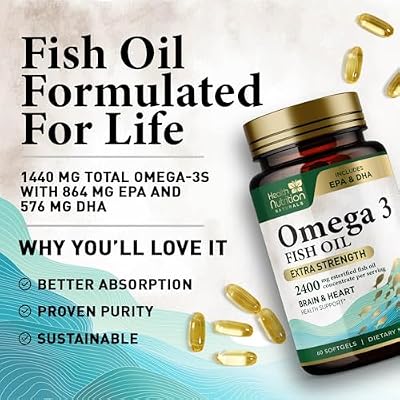 Omega 3 Fish Oil Supplements - 2400mg Fish Oil Per Serving - Triple Strength Omega-3 with EPA & DHA Fatty Acids - Natural Heart, Brain & Immune Support - Wild Caught, Bottled in USA - 60 Softgels