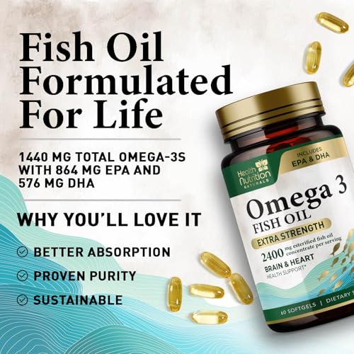Omega 3 Fish Oil 2400mg Triple Strength Rapid Release Softgels, Omega-3 Supplements, Natural Brain Heart Joint Health & Immune Support - Fatty Acids with EPA & DHA - Fish Oil Supplement - 60 Softgels - Thumbnail 3