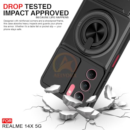 Image of 14X / P3X / C75 / Narzo 80X 5G Back Cover | Armor Camera Slider 360 Degree Rotating Finger Ring Holder Case with Bracket Stand Back Case Cover (Compatible with MagSafe Accessories) (Black)