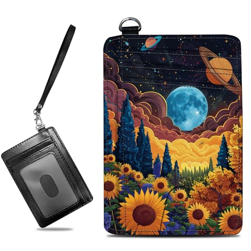 Image of Small Travel Wallets, Starry Sunflowers Cosmic Planet Slim Minimalist Front Pocket Wallet with Wristlet, RFID Blocking PU Leather Credit Card Holder with ID Window Change Purse for Men Women