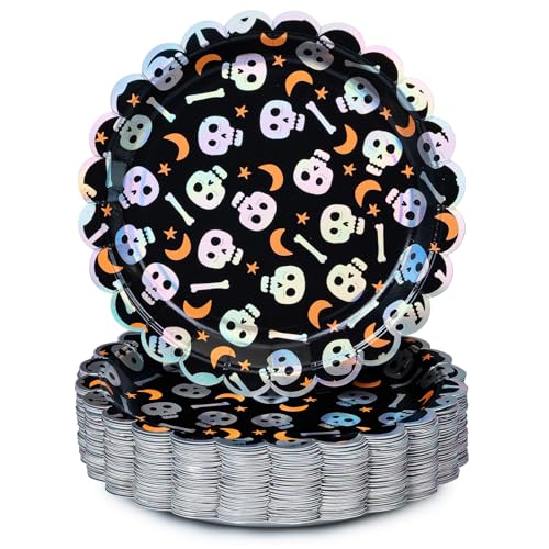 Halloween Paper Plates 50-Count Disposable Halloween Dinner Plates Scalloped Party Supplies Skull Iridescent Silver Foil