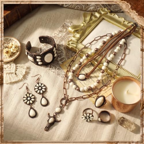 Image of Ecally Bohemian Western Jewelry Turquoise Set Women Country Pendant Long Choker Layered Bracelets Earrings Ring for Women
