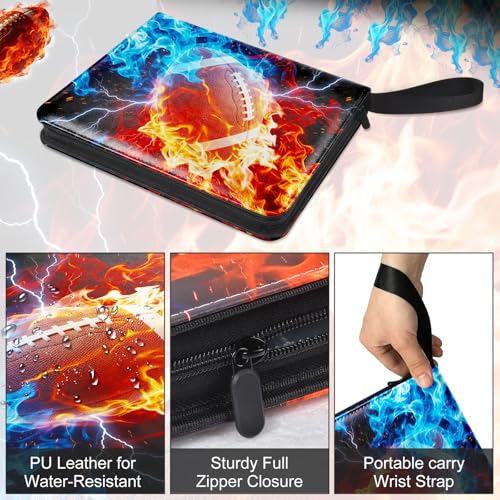 Image of Football Card Binder 4 Pockets Sports Card Binder Holds 400 Cards with 50 Removable Double Sleeves, Portable PU Zipper Trading Card Album, Fits TCG Collectors Boys Girls Gift