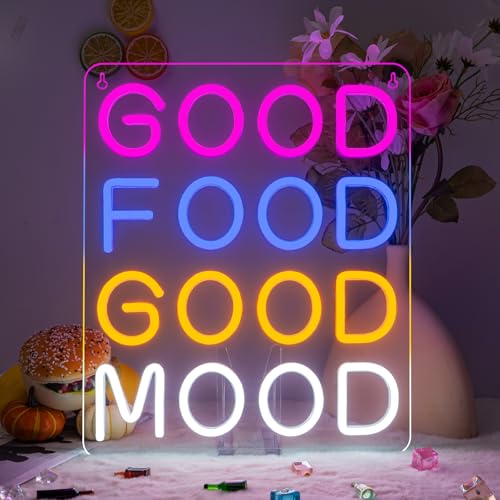 Image of Horseneon Good Food Good Mood Neon LED Sign, Food Neon Signs for Wall Decor, Good Food Good Mood Neon Light with USB Powered for Snack Shop, Restaurant, Fast Food