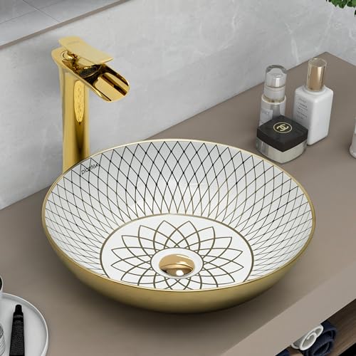Image of Plantex Table Top Wash Basin For Bathroom /Designer Ceramic Basin /Countertop Vessel Sink Basin - Indo-European Collection (NC-664, 16 x 16 x 5 Inch)