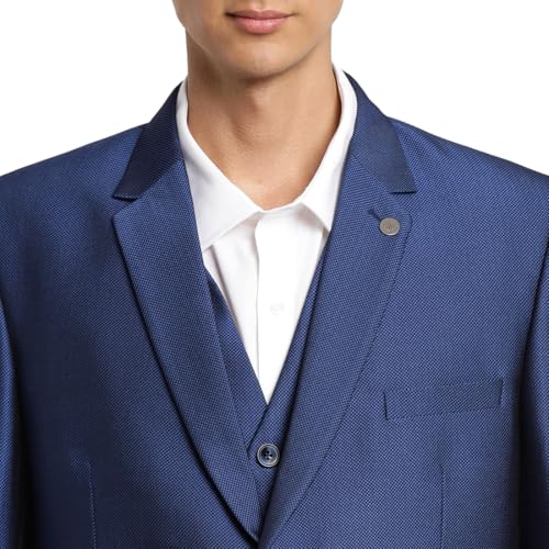 Image of Turtle Men 100% Cotton Dobby Print Full Sleeve Three Piece Blue Party Suit