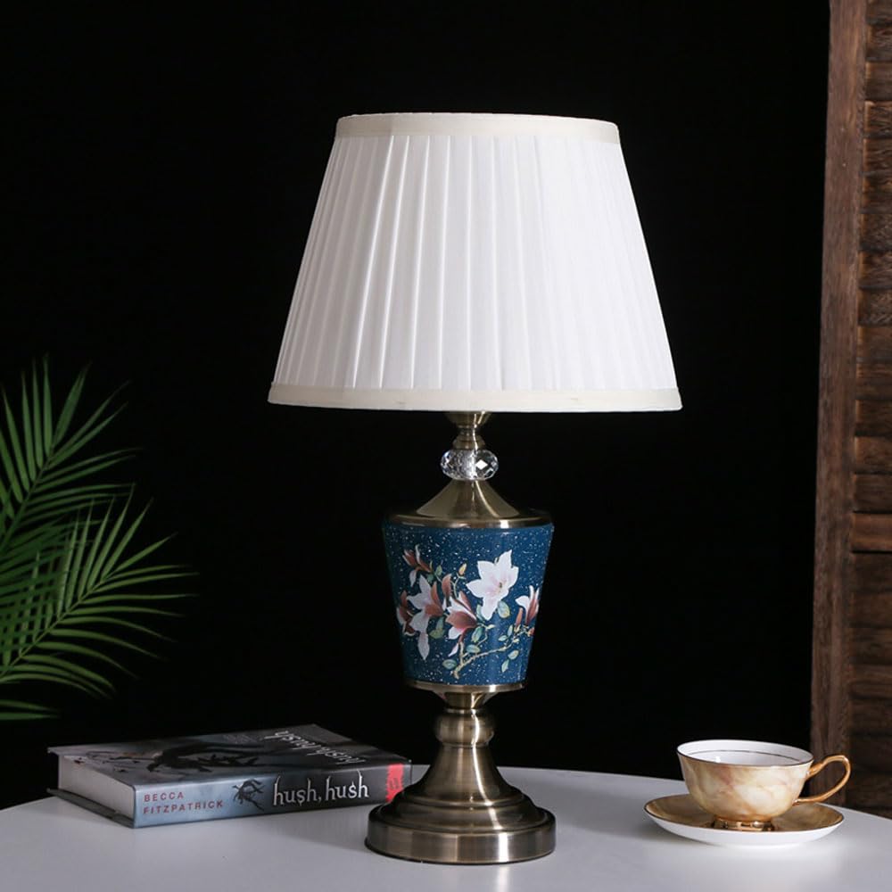 SGKOMN Table Lamp American Minimalist Ceramic Bedroom Bedside Lamp Copper Living Room European New Chinese Nightstand Lamp For Bedroom Living Room Office College Bookcase-F
