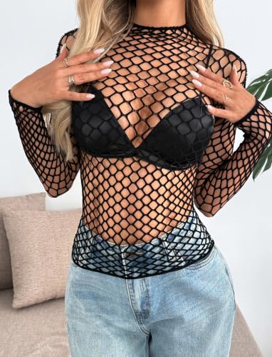 Image of Avidlove Women's Sexy Fishnet Mesh Long Sleeve Tops Mock Neck Sheer Lace See-Through Blouse Bodycon Clubwear Party Tops