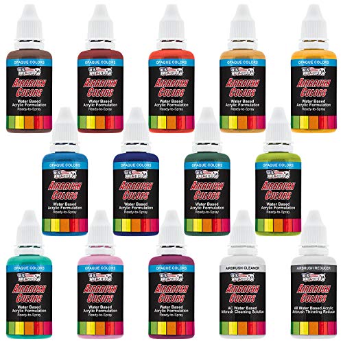 U.S. Art Supply 12 Color Secondary Opaque Colors Acrylic Airbrush, Leather & Shoe Paint Set with Reducer & Cleaner 1 oz. Bottles