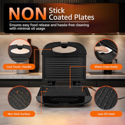 Image of Amazon Basics 2-Slice Sandwich Maker 750W | Non-Stick Coated Plates | Thermostatic Temperature Control | Cool-Touch Handle | Power & Ready Indicator Lights | Overheat Protection | Upright Storage Design | BIS Certified | Black