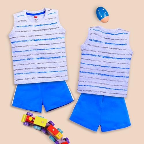 Image of LuvLap Baby Boys Cotton Printed Sleeveless Tank Top & Shorts Sets Pack Of 3, White & Blue Radiance & Melange, XL (12 to 18 Months)