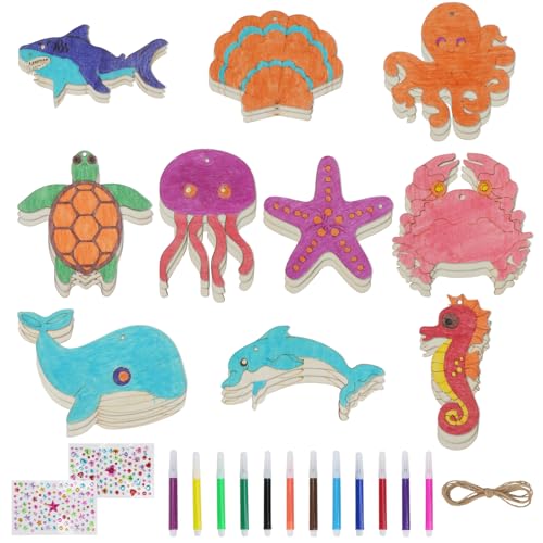 FALSKT 30 Pezzi Lavoretti Creativi per Bambini, 10 Stili Legno Fai Da Te Kit Animali Marins con Corda, Pannelli di Legno per Artigianato Decorazioni di Natale Progetto