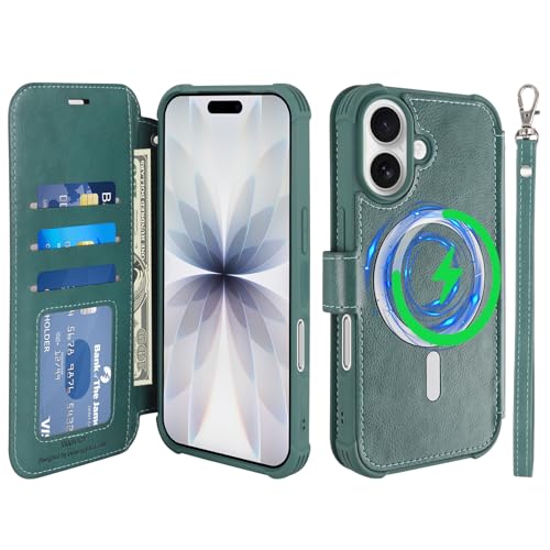 VANAVAGY Compatible for iPhone 17 Wallet Case for Magsafe Wireless Charging, PU Leather Flip Folio Shockproof Phone Cover with Wrist Strap RFID Blocking Card Holder [Screen Protector],Forest Green