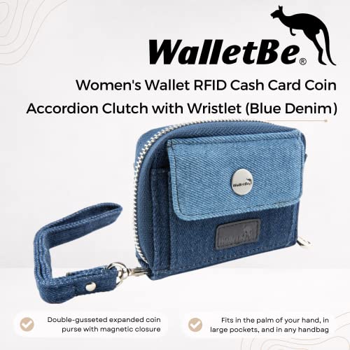 Women's Wallet RFID Cash Card Coin Accordion Clutch with Wristlet Blue Denim2