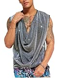 WDIRARA Men's Glitter Draped Collar T Shirts Cowl Neck Sleeveless Tank Top Party Top Silver L