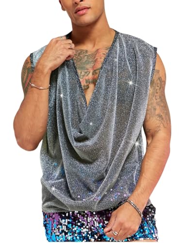 WDIRARA Men's Glitter Draped Collar T Shirts Cowl Neck Sleeveless Tank Top Party Top