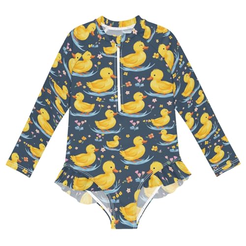 Duck Flower Pattern Girls Long Sleeve Swimsuit Rash Guard One Piece Bathing Suits Zipper 3-12T