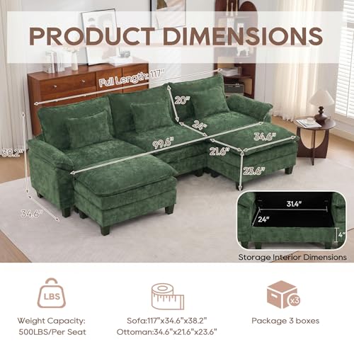 Image of IPKIG 117 inch Modular Cloud Couch with Storage, U Shaped Sectional Sofa with Ottoman & Pillow, Chenille Deep Seat Sectional Couches for Living Room, Apartment, Green