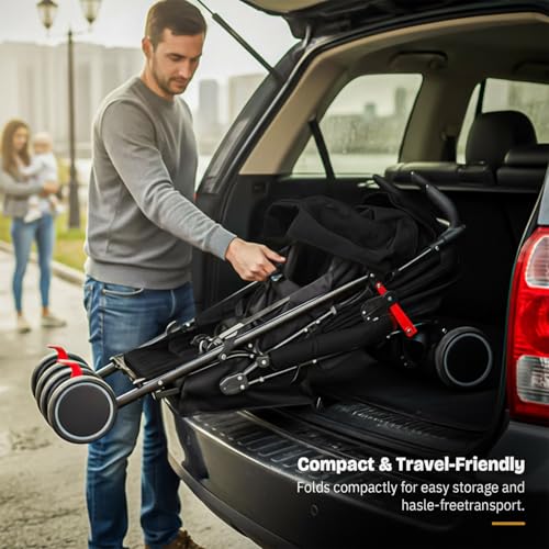 Image of Baybee 2-in-1 Twin Baby Stroller for 0-3 Years | Lightweight Foldable Pram for 0 to 5 Years | Adjustable Canopy, Safety Guardrail, Wheel Lock & Parental Handle | Baby Stroller for Boys & Girls (Black)