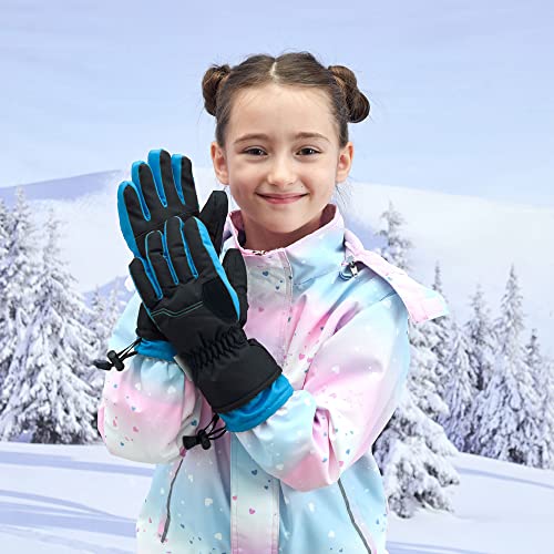 Andorra Kids Snowboard Gloves 2-Tone Geometric Cotton Boys Ski Gloves,Black W/Neon Blue Trim,S(4-6 Years) #TOP5