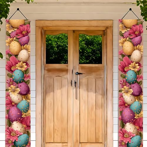 Image of Colorful Floral Easter Egg Banner 2 Pack Vertical 11.81 x 70.87 Inch Floral Egg Pattern Spring Easter Decorations Porch Garden Outdoor Event Display