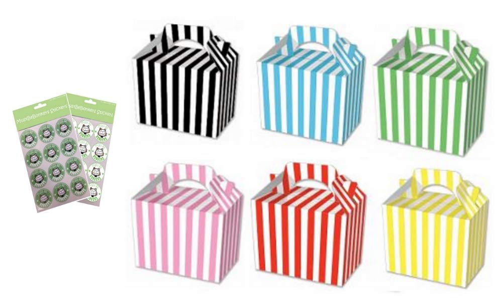 CANDY STRIPED BOX PARTY MEAL FOOD PICNIC GIFT BOXES WITH SEAL STICKERS (Mixed, 12)