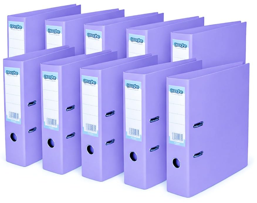 Booghe A4 Lever Arch File with Protector – Single, 4 or 10 Pack – Sky Blue, Pink, Lavender, Aqua – Heavy Duty Office Filing & School Binders (10, Lavender)