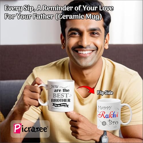 Image of PICRAZEE Raksha Bandhan Gift Set for Brother - Rakhi with Roli-Chawal Bottles Tilak Set, 12 inch Cushion with Filler, Ceramic Mug, Keyring, Fridge Magnet, Greeting Card