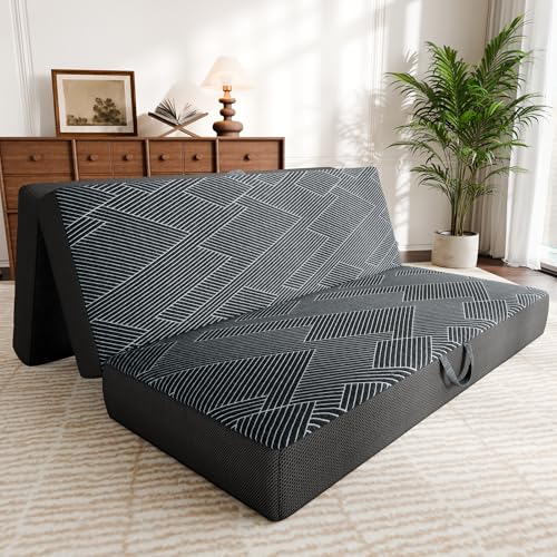 Tri Folding Mattress Twin Size - Foldable Mattress Trifold Memory Foam Mat with Washable Cover, Handle & Non-Slip Bottom, Portable Foldable Floor Sofa Bed for Travel Camping Guest - 6 Inch, 75'x38'x6'