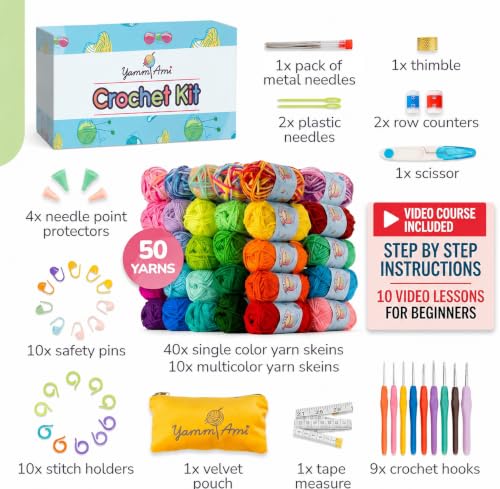 Image of YammiAmi 1,800 Yards Beginner Crochet Kit for Adults, 103-Piece Starter Set with 50 Skeins of Yarn, Accessories, and 10 Amigurumi E-Book Patterns with Video Tutorials