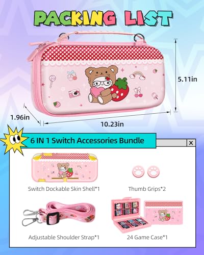 Gurgitat 6in1 Kits Accessories Bundle for Nintendo Switch Lite 2019 - Cute Carrying Case, Protective Cover, Joy Con Grips, Thumb Grips, 24 Game Holder, Shoulder Strap Teens Boys Girls, Strawberry - Image 2