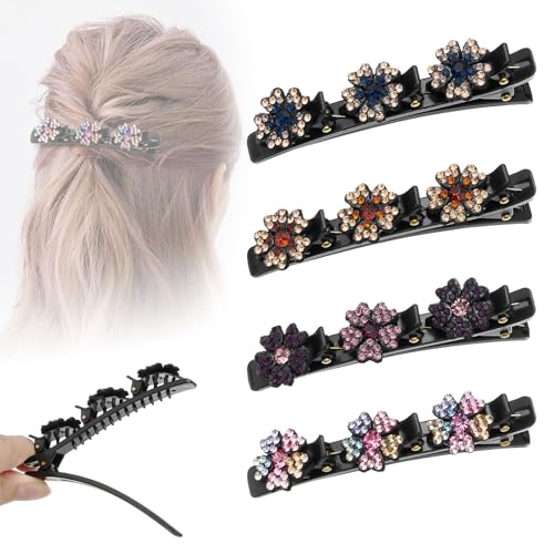 Pack of 4 Braided Hair Clips with Rhinestones, Hair Clips with Sparkling Crystal Stones, Hair Styling Clips