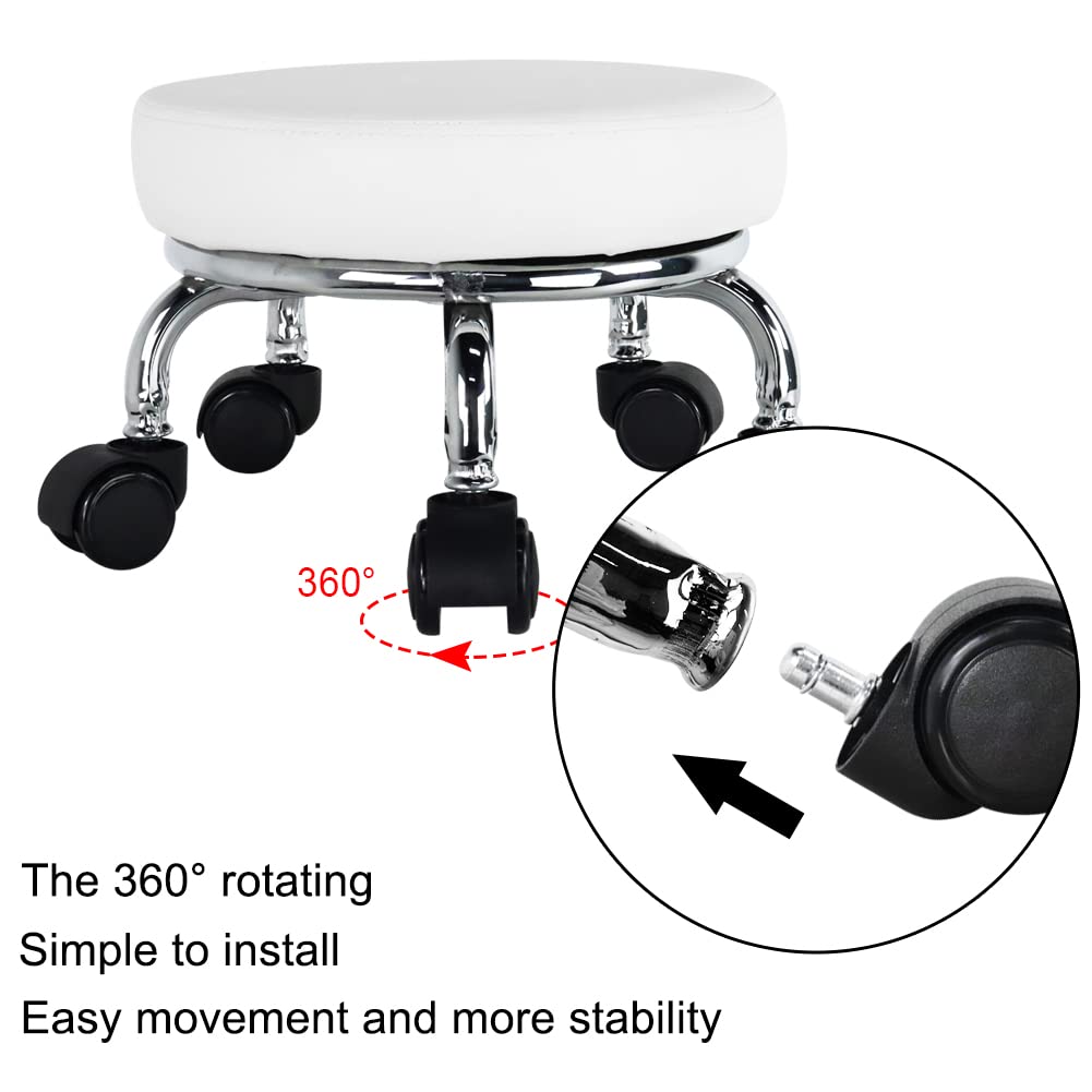 WKWKER Roller Seat PU Cuir Bas Rond Rolling Tabouret Petit Tabouret avec roulettes Pivotantes Universelles pour Home Office Garage Shop Fitness Sport. Blanc
