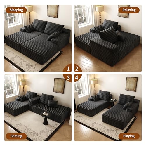 80” Oversized Double Lounge Chaise,Cloud Plush Sofa Bed,Upholstered Boneless Cloud Sofa Deep Seat,No Assembly Required,Modern Corduroy Sleeper Loveseat Chair for Living Room Bedroom Reading,Black