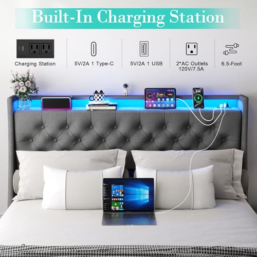 Image of Upholstered Wingback Queen Bed Frame with 2 Storage Drawers and LED Lights | Metal Platform Bed with Storage Headboard and Charging Station, Noise-Free, No Box Spring Needed, Easy Assembly, Gray
