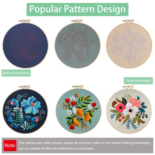Chfine Embroidery Starter Kit For Beginners, 3 Sets Cross Stitch Kits For Adults Include Stamped Embroidery Cloth With Floral Pattern, 3 Embroidery Hoops, Color Threads, Needles And Instructions #TOP2
